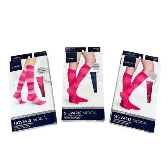 Sigvaris 832 CM Compression Knee High CT 20-30mmHg Socks M/L Pink Blue Lot Of 3 - Picture 1 of 12